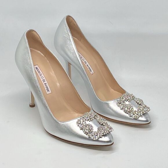 Manolo Blahnik Hangisi 105MM Crystal Buckle Leather Pumps size 37.5 - Picture 3 of 16